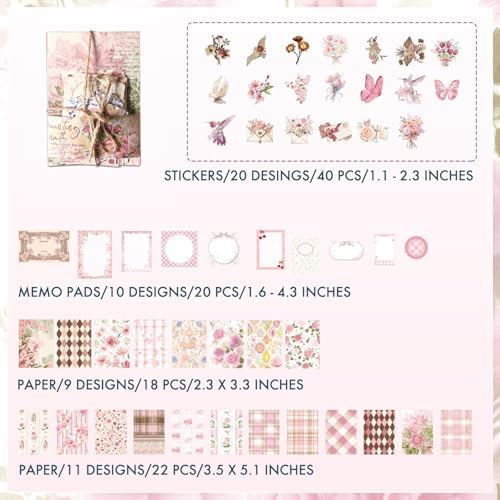 OKUPAN Scrapbook Supplies Kit – 100PCS Vintage Cottagecore Floral Scrapbook Paper & Stickers, 4 Sizes Pastoral Scrapbooking Supplies for Journaling, Card Making & DIY Gifts (Pink) - Image 7