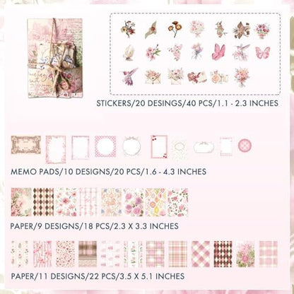 OKUPAN Scrapbook Supplies Kit – 100PCS Vintage Cottagecore Floral Scrapbook Paper & Stickers, 4 Sizes Pastoral Scrapbooking Supplies for Journaling, Card Making & DIY Gifts (Pink) - Image 7