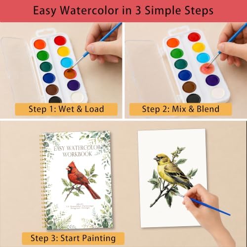 North American Bird Watercolor Workbook for Beginner, Watercolor Painting Book with 12 Different Pretty Bird Designs Include Cardinal Robin Song Birds, Water Coloring Book Set with Palette and Brush - Image 3
