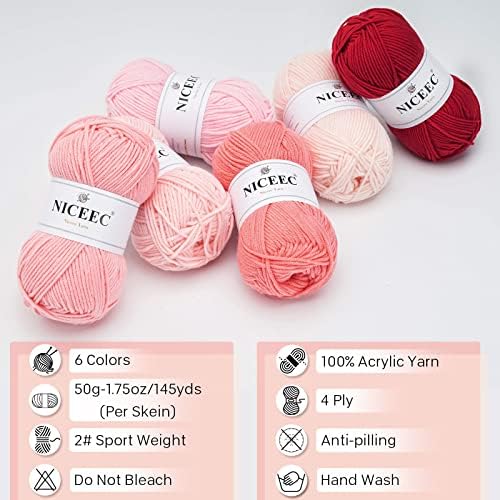 NICEEC 300g Soft Assorted Colors Yarn 100% Acrylic 870yds -Pink Series - Image 4