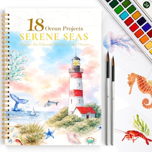 Watercolor Workbook for Beginners,18 Serene Seas Sceneries Water Coloring Book,Relaxing & Easy to Paint Water Coloring Book with 24 Colors-Perfect for Gifting to Creativity & Joy for Adults by DMSKY