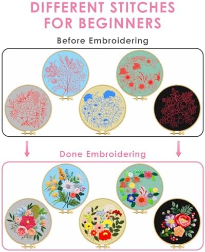 TINDTOP 5 Sets Embroidery Kit for Adults, Floral Embroidery Practice Kit for Beginners Include Embroidery Cloth Hoops Threads for Craft Lover Hand Stitch - Image 3