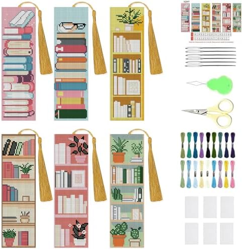 KYOQFVN 6 Pcs Bookshelves Cross Stitch Bookmark Kit for Beginner - Stamped Cross Stitch Kits for Adults - DIY Crossstitch Kits Adult with Instructions Hand Craft 14CT by KYOQFVN