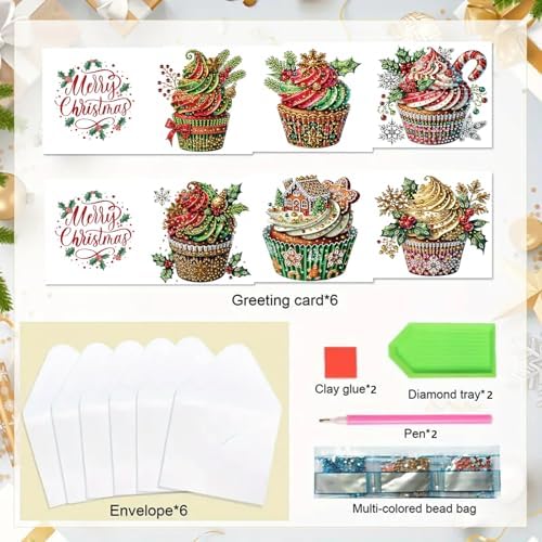 6Pcs Christmas Greeting Card DIY Diamond Art Painting Greeting Cards Special Shaped Diamond Blessing Folding Card Kit Arts Crafts for Birthday Festival-Cupcake - Image 5