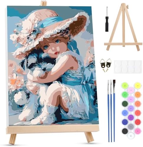MXJSUA Girl and Dog Paint by Numbers Kit with Frame for Adults, Easy Beginners Paint by Number on Canvas with Easel, Acrylic Number Painting Craft Gifts for Home Decor, 8x12 inch by MXJSUA-DiamondPaintingkits