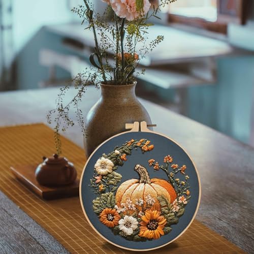 FONNUY Pumpkin Embroidery Kit for Beginners, Pre-Stamped Pattern Kits for Adults with Hoop, Easy to Follow Color Thread Needlework, 8'' Hoop (Yellow) - Image 5