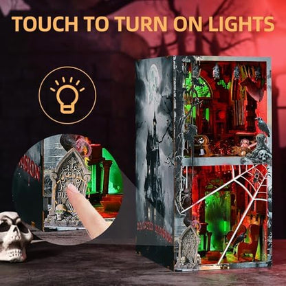 fifijoy Haunted Mansion Halloween Book Nook Kit - DIY Miniature Haunted House Booknook for Adults, Spooky 3D Wooden Puzzle Bookshelf Insert Decor with LED Light, Gifts for Family, Friends - Image 6