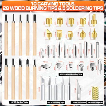 171PCS Wood Burning Kit, 100W Digital Wood Burner Tool, Adjustable Temp Pyrography Pen Set with Tips, Letter Number Stamps, Stencils, Transfer Papers, Carving Tools, Case for Adults & Beginners - Image 3