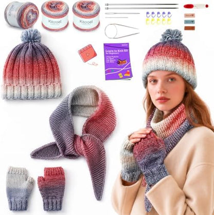 Complete Knitting Kit for Beginners, Scarf, Hat & Gloves, Amethyst Ombre by Kitcroet