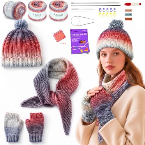 Complete Knitting Kit for Beginners, Scarf, Hat & Gloves, Amethyst Ombre by Kitcroet
