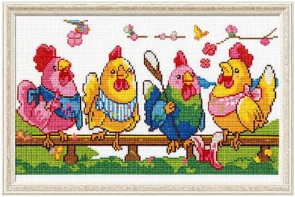 Zhenqing Knitting Chickens Stamped Cross Stitch Kit, 11CT Printed Pattern on White Cotton Fabric, Farmhouse Chicken Decor by ZhenqingHomeFlagship