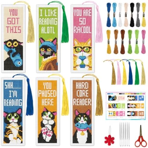 INFUNLY 6 Pcs Cat Quotes Stamped Embroidery Bookmark 8.5x3 inch Cartoon Kitten Stamped Cross Stitch Kit for Adults DIY Reading Quote Stitch Bookmarks Kit for Readers Writers Craft Gift by INFUNLY