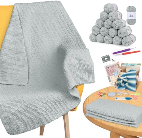 Aeelike Crochet Blanket Kit for Beginners, Easy Soft Crochet Kit, Grey by Aeelikescrochetworld