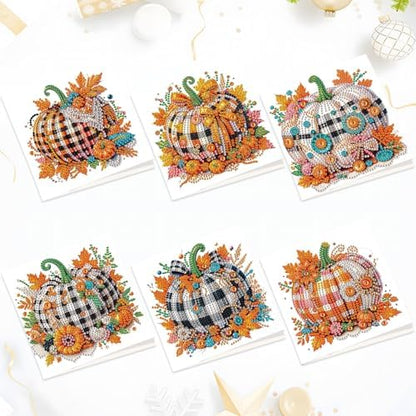 6-Pack Autumn Pumpkin Diamond Art Greeting Cards with Envelopes – DIY 5D Diamond Painting Kits for Adults, Creative Fall Thanksgiving Greeting Card Set, Rhinestone Craft Kits, Handmade Holiday Cards by antor