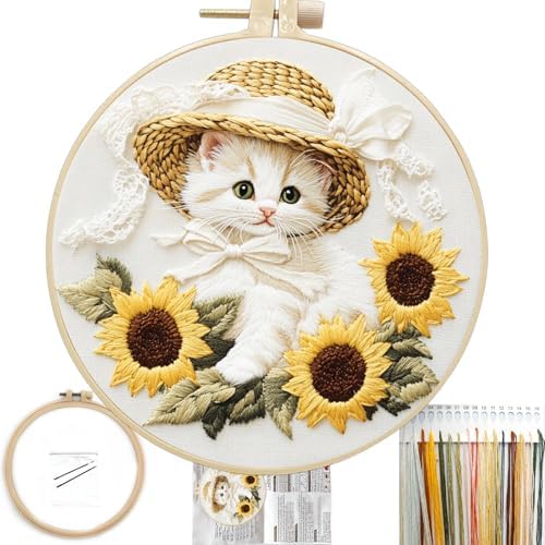 FONNUY White Kitten Embroidery Kit, Sunflowers Cat Lace Hat Cross Stitch Kits for Beginners, Handmade Crafts with Printed Patterns for Adults, Color Thread Needlework, 8'' Hoop (Cat 01) by FONNUY