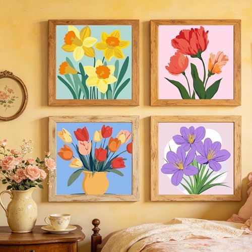 Canrichshop 4-Pack Framed Flowers Paint by Numbers Kit for Adults Beginner & All Ages 8-12 and More,Oil Painting by Numbers for Kids, DIY Number Paint Decor Present 8X 8 inch - Image 3