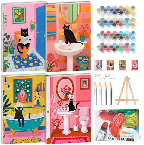 4 Pack Framed Paint by Numbers Kit for Adults, Black Cat, 8 x 12 Inch by GEEHEIY
