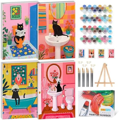 4 Pack Framed Paint by Numbers Kit for Adults, Black Cat, 8 x 12 Inch by GEEHEIY