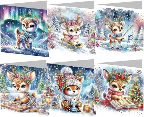 jinglinhh 6pcs Aurora Christmas Winter Elk Diamond Art Painting Greeting Cards with Envelopes, DIY Card Making Kits for Adults, Diamond Art Postcards Holiday Cards Craft Gifts by Unknown