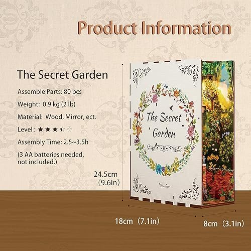 Tonecheer DIY Book Nook Kit for Adults, 3D Wooden Puzzle Bookend Bookshelf Insert Decor, Booknook Miniature House Kit with Body Motion Sensor LED Light (The Secret Garden) - Image 2