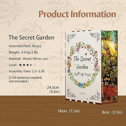 Tonecheer DIY Book Nook Kit for Adults, 3D Wooden Puzzle Bookend Bookshelf Insert Decor, Booknook Miniature House Kit with Body Motion Sensor LED Light (The Secret Garden) - Image 2