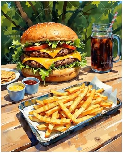 Food Paint by Numbers Kit for Adults - DIY Cheeseburger with Fries and Soda Painting on Canvas 16x20In, Framed Acrylic Paint Set, Suitable for Beginners, Fun Art for Home Decoration or Gifts by Unknown