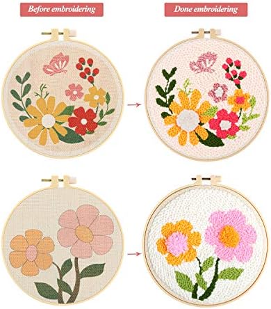 Pllieay 2 Set Punch Needle Embroidery Starter Kits Include Instructions, Punch Needle Fabric with Pattern, Yarns, Embroidery Hoops for Rug-Punch & Pinch Needle - Image 5
