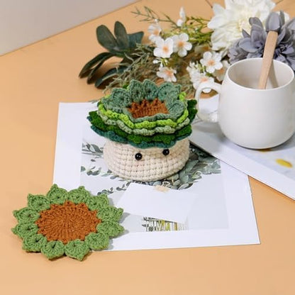 LOMOHOO Crochet Kit for Beginners, 6PCS Crochet Coasters Kit, Flower Potted Plant Crochet Kit with Crochet Hook, Colorful Yarn, Stitch Marker, Instruction, Craft Lover DIY Material Tools(Green) - Image 5