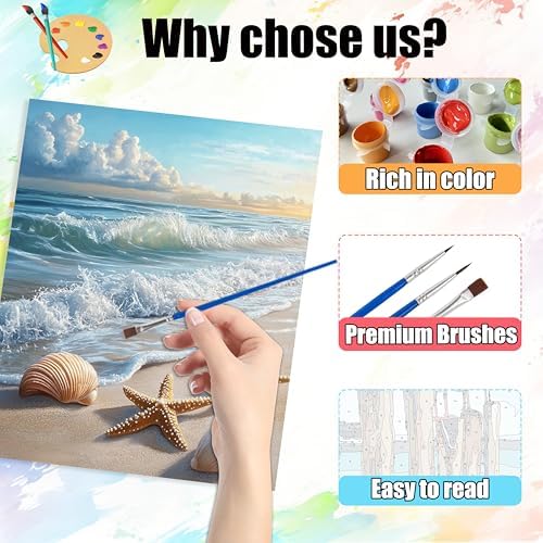 Yunruily 3 Pack Beach Adult Paint by Numbers - Paint by Number kit for Adults,Sea Turtle Paint by Number Adult for Gifts Home Wall Decor 12x16inch - Image 5