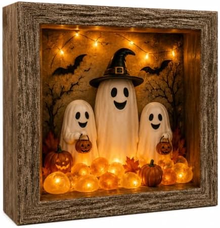 DIY Halloween Shadow Box Night Light Kit, 8.5 Inch Wooden Frame LED Craft Set with Luminous Stones & Acrylic Panels, Create Your Own Spooky Ghost & Pumpkin Scene, Fall Autumn Tabletop Home Decor by Unknown