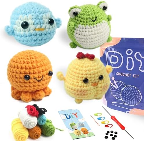 YAMAXIN Crochet Kit for Beginners Adults – 4PCS Animal Amigurumi Crochet Starter Kit with Yarn, Hooks, Tools, and Video Tutorials – DIY Knitting Craft Kit (Chick, Frog, Penguin, Octopus) by YAMAXIN