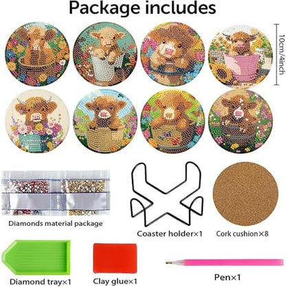 8 Pcs Highland Cow Diamond Art Coasters with Holder, DIY Diamond Painting Coasters Kits for Adults Beginners, Cow Diamond Art Coasters for Drinks, Non-Slip Heat Resistant Coasters Home Decor Gifts - Image 7