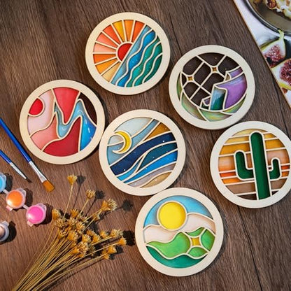 Temlum Wooden Coasters Painting Kit, Paint You Own Coaster Wooden Painting Craft Kit for Adults and Beginners Art Craft Supplies (Landscape) - Image 6