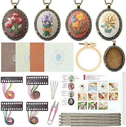 ZOCONE 4 Packs Embroidery Necklace Kits, Embroidery Pendant Kit Mini Cross Stitch Kit with 4 Hoops, Necklace, Pendant, Stamped Pattern Cloth, Instructions, etc., Embroidery Kits for Adults - Image 2