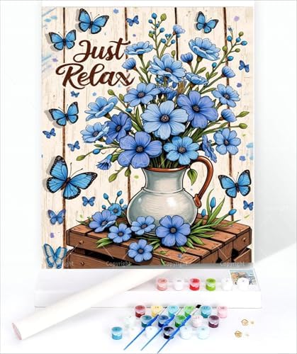 Blue Flowers With Butterfly Paint By Numbers Kit For Adults - Diy Rustic White Wood Background Painting On Canvas 16X20In, Acrylic Paint Set, Suitable For Beginners, Art For Home Decoration Or Gifts - Image 3