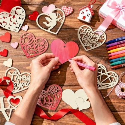 80PCS Wooden Heart Ornaments to Paint Valentine's Day Craft,10 Styles DIY Blank Unfinished Wood Heart Cutouts Ornament for Crafts Spring Tree Hanging Decorations Love - Image 2