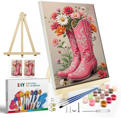 JOOZ Framed Paint by Numbers Kit for Adults, Pink Cowboy Boots Paint by Number with Easel, DIY Flowers Oil Painting by Numbers, Adult Paint by Number Kits Framed Canvas for Home Wall Decor 8x12 Inch by Jooz