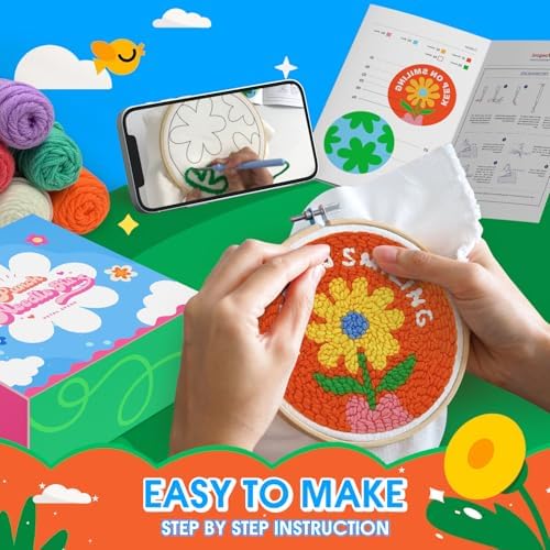 yuegool 2PCS Punch Needle Decoration Kit,Easy DIY Punch Needle Embroidery Kit for Beginners Adults Kids Including Patterns, Tools, Yarns, Hoop, Instruction, Bracket Art Craft Supplies - Image 4