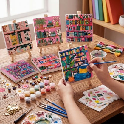 YooNotee 6 Pack Paint by Numbers Kit for Adults Pink Bookshelf Adult Paint by Number Kits for Women on Canvas Book DIY Acrylic Painting on 8x8 Inch Canvas with Wooden Easels & Brushes, Home Wall Decor - Image 5