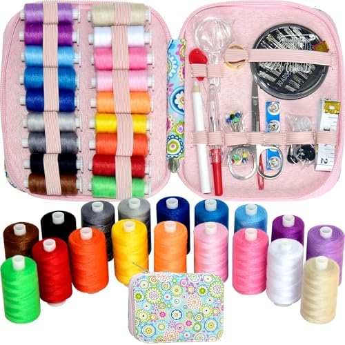 Sewing Kit with Case Portable Sewing Supplies for Home Traveler, Adults, Beginner, Emergency, Contains 18 Sewing Thread, Scissors, Needles, Measure etc,Black (Blue Flowers） by LE+PAON