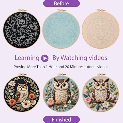 Uniartfy 3 Sets Embroidery Kit for Beginners with Owl Flower Pattern, Hand Needlepoint Kits for Adults, Embroidery Starter Kits with Hoops, Step by Step Video & Instructions, DIY Cross Stitch Kit - Image 4