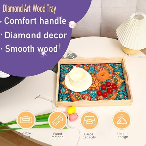 EWJRNSF Diamond Art Kits for Adults Wooden Serving Trays with Handles, 5D Diamond Painting Big Gem Arts and Craft Gifts Trays Decor Gift Home Decor 12.2x16.1 Inches Mandala E - Image 6