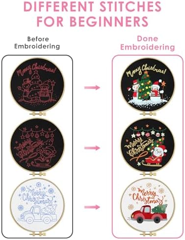 TINDTOP Christmas Embroidery Kit for Adult Beginners, 3 Sets Embroidery Stitch Practice kit Include Embroidery Cloth Hoops Threads for Craft Lover Hand Stitch - Image 6
