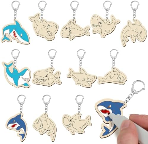 RattanView 24 Pcs Summer Shark Crafts Color Your Own Keychains by RattanView