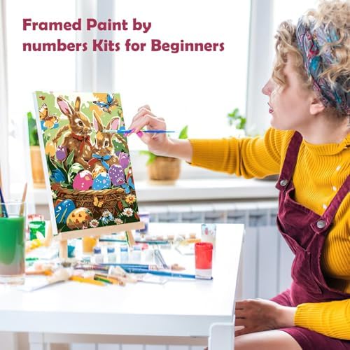 MOGTAA Easter Bunny Paint by Numbers Kit for Adults Beginners with Frame, Easter Eggs Adult Paint by Number Kits on Canvas with Easel, Easy DIY Butterfly Oil Painting Kits for Home Decor, 8x12in - Image 4