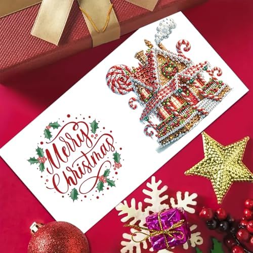 6Pcs Christmas Greeting Card DIY Diamond Art Painting Greeting Cards Special Shaped Diamond Blessing Folding Card Kit Arts Crafts for Birthday Festival-Gingerbread House - Image 3