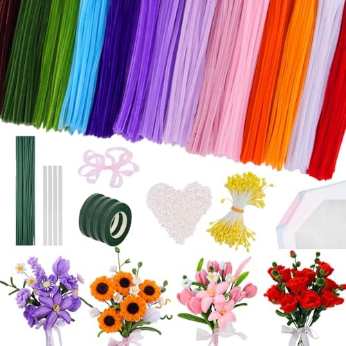 900 PCS Pipe Cleaners Craft, Pipe Cleaner Bulk Flower Kit 14 Colors Chenille Stems Flower Making Kit with Greeting Card, Floral Wires, Tape, Stamen, Floral Wrapping Paper & Ribbon for Art DIY Flowers by Anyeve