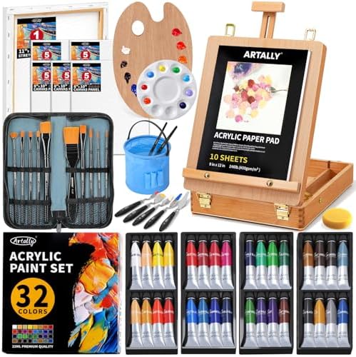 ARTALLY 66-Piece Acrylic Painting Kit with Desktop Easel,32 Colors Acrylic Paint Set(22ML), Paint Brush Set & Case, Brush Basin, Complete Art Supplies Painting Set for Adults, Artists, Beginners by Unknown