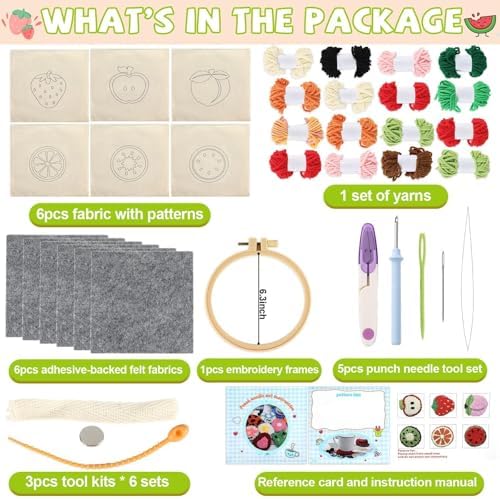 Justforjoyful 6 Set Punch Needle Embroidery Coasters Craft Kits Punch Needle Refrigerator Magnets Kit Tool Threader Fabric for Christmas Winter Beginners Adults DIY Handmade Gifts Party(Fruit) - Image 2
