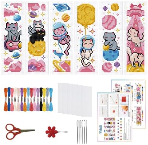 ORIGACH 6 Set Space Cat Cross Stitch Bookmark Kit for Beginner by ORIGACH